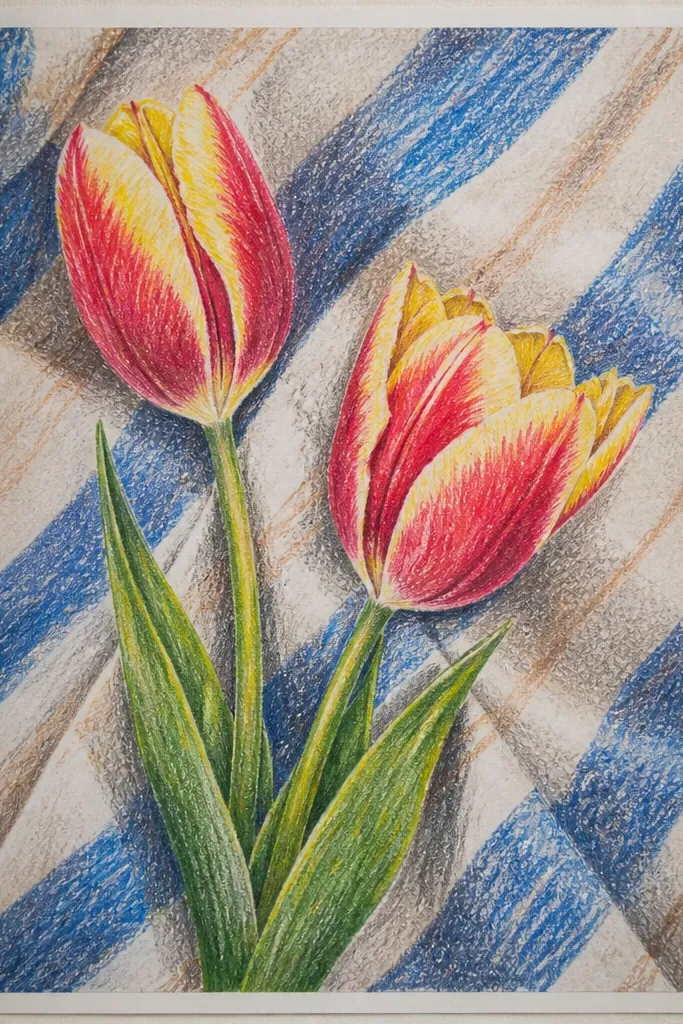 Two tulips side-by-side, one coral-red and one soft pink, drawn over a background of diagonal stripes. The stripes alternate pale cream and dusty blue, with the tulips placed over them so the stripes peek around the petals.