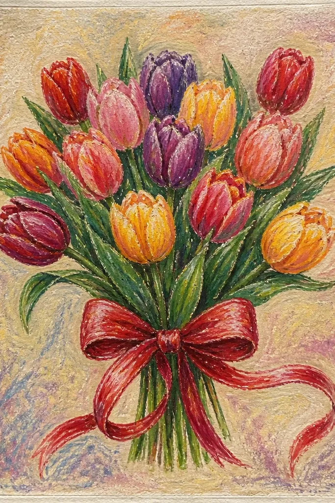 A small bouquet of three tulips inside a rectangular frame. A ribbon tail curls from the bottom center, drawn in deep red and muted gold. The background is light off-white with faint speckles; the tulips show layered petals with darker bases.