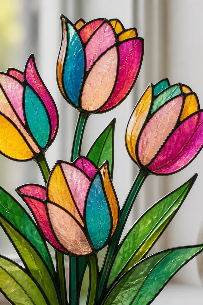 A tulip cluster drawn like stained glass. Bold black outlines separate petal sections, and each section is filled with bright translucent-looking color: teal, magenta, sunflower yellow, and pale peach. Subtle crack lines branch out from the outlines.