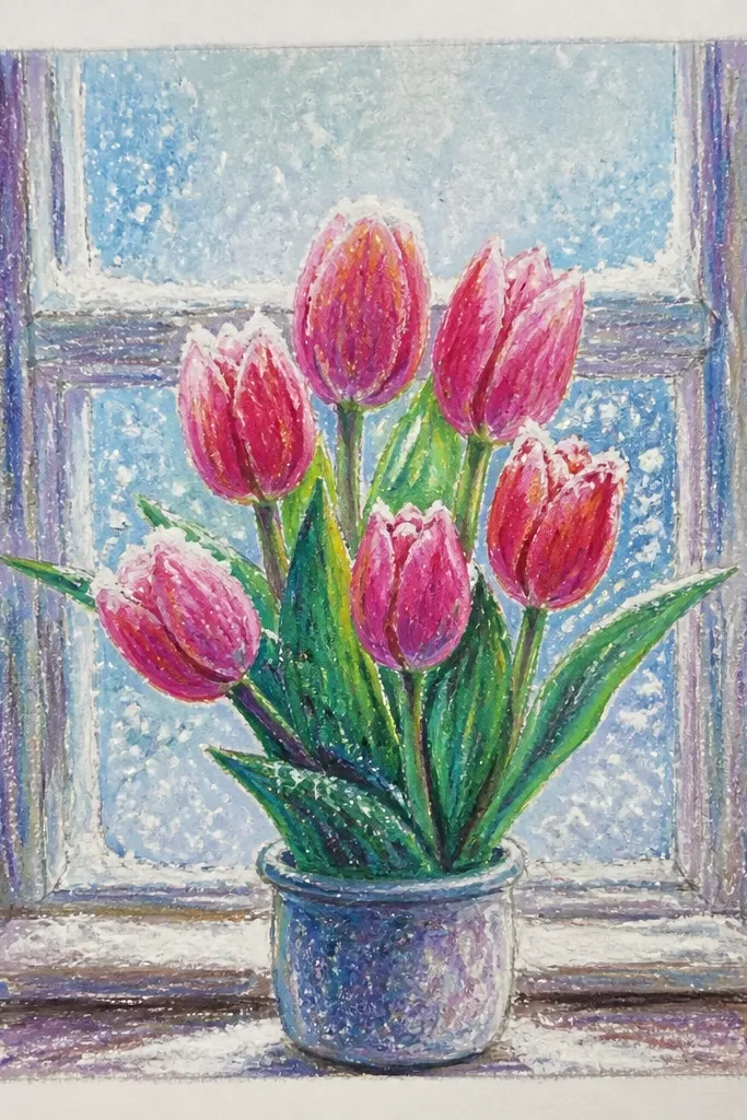 A tulip leaning slightly left in the foreground. The background is pale blue and white with frosty speckles and faint diagonal streaks, like winter window frost. The tulip petals are pink-lavender with cool shadows and a bright near-white highlight on the petal edges.