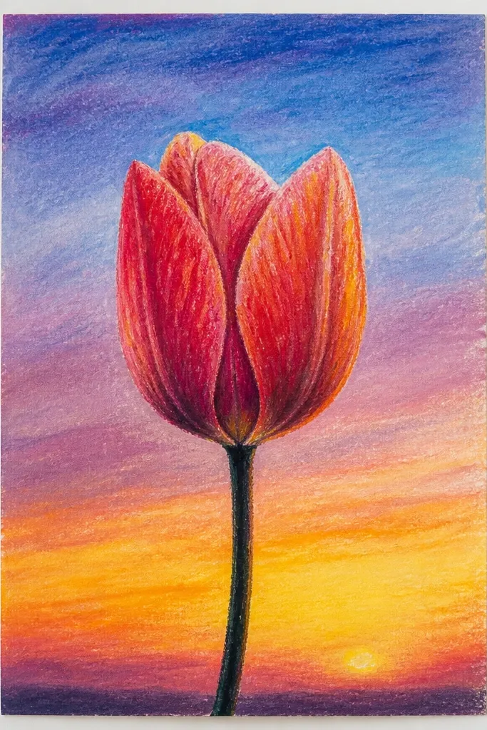 A tulip silhouette-like outline filled with soft pink and peach gradients. Behind it is a smooth sky gradient from warm peach near the bottom to pale lavender at the top. The stem is a single deep green line with two small leaves.