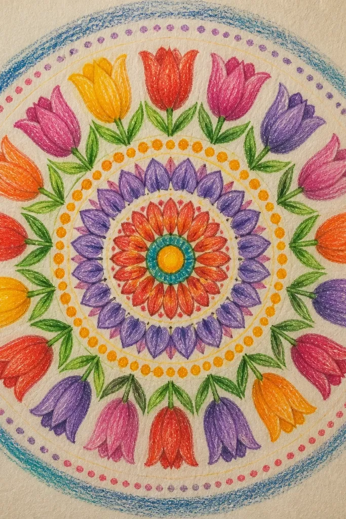 A tulip centered with a halo of concentric rings and dot patterns behind it. The rings are drawn in light gold and pale green, while the dots alternate between cream and soft teal. The tulip petals are pink with darker magenta folds.