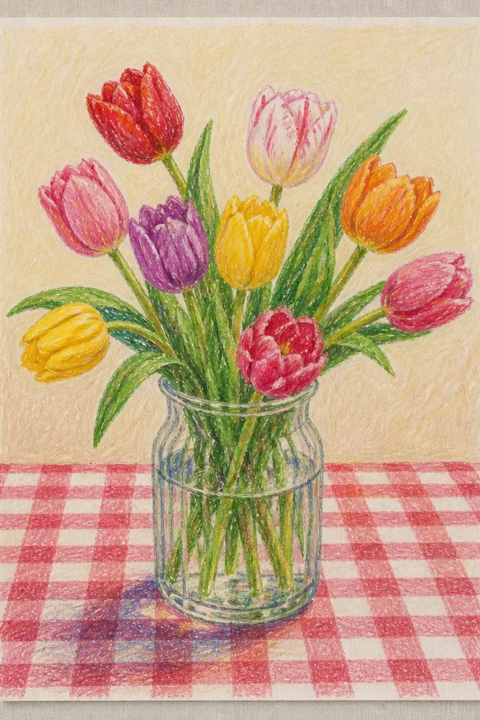 A tulip on a gingham background. The background shows small alternating checks in cream and muted green, with slight shadowing under the tulip. The tulip is red-orange with a darker inner base and bright yellow highlight spots.