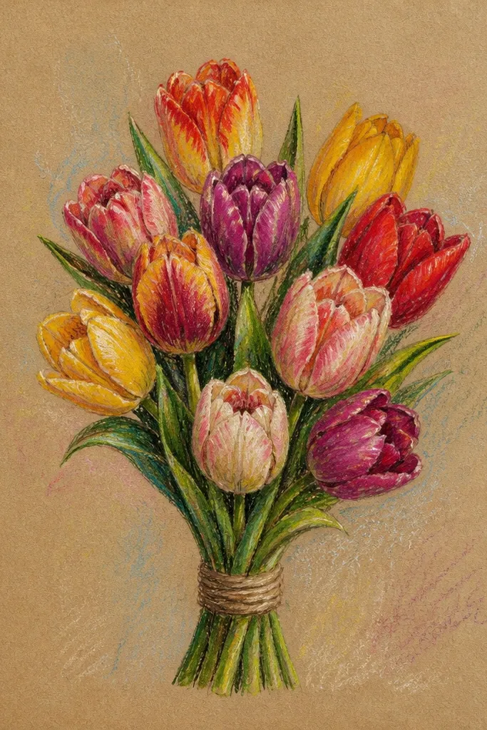 Tulips drawn on warm brown kraft paper. Petals glow in peach, coral, and pale yellow, with deep shadows in reddish-brown. The background is left mostly kraft with a few light smudges. The stem and leaves are cool green with sharp strokes.
