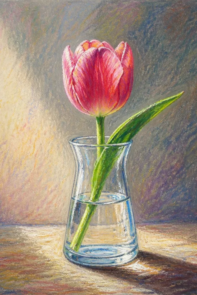 A single tulip emerging from a tall glass vase. The vase has clear highlights on the left edge and darker transparent shading on the right. The tulip is deep pink with maroon shadows and bright near-white highlights.