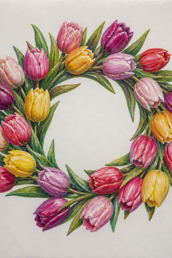 A circular wreath made of overlapping tulip petals. The tulips are simplified into petal shapes arranged like a wreath, with alternating red and pink sections. The center is mostly blank with a few pale green leaf accents.