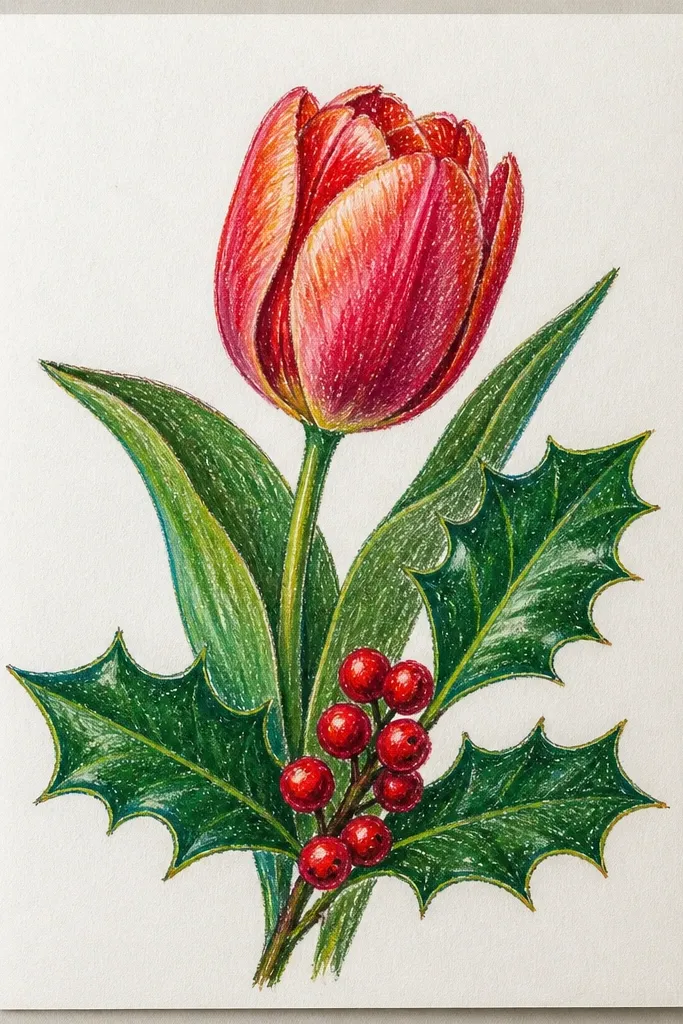 A tulip with a small cluster of holly berries and a few holly leaves. The berries are deep red dots with tiny white highlights; leaves are dark green with light vein strokes. The background is pale cream with faint pastel smudges.