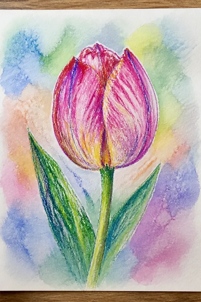 A tulip with petal color that looks like watercolor. The background is a light wash of diluted blue and lavender, while the tulip edges stay brighter and crisp. The stem is a soft green with slightly feathered edges.