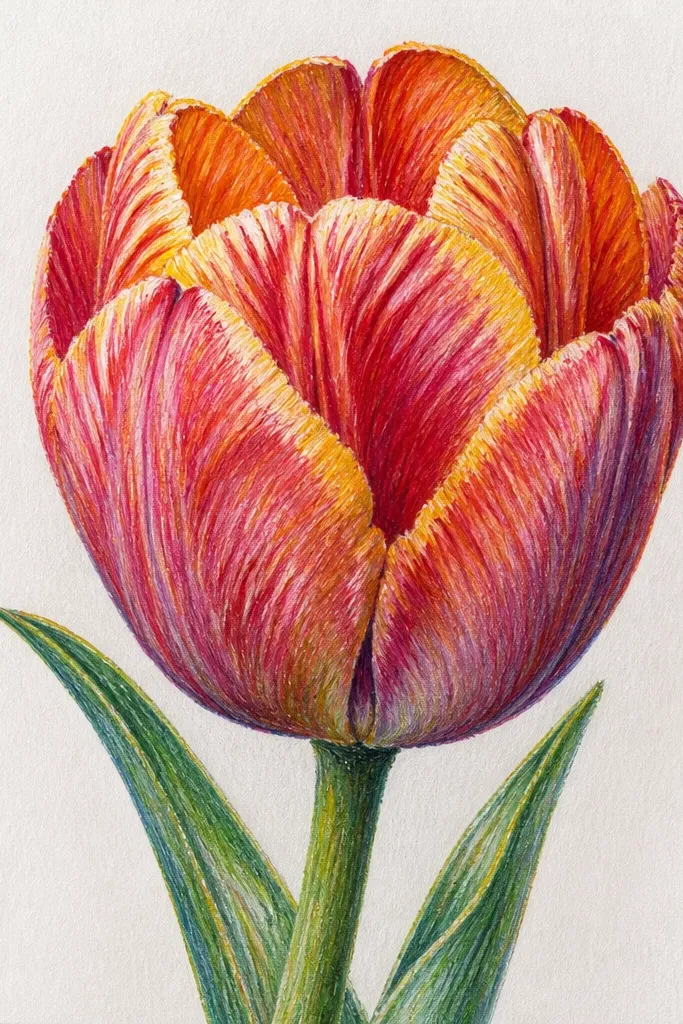 A close-up tulip petal filling most of the page. You can see curved petal folds and fine vein lines. Colors shift from pale peach to rosy pink, with dark pink shadows near the fold and a thin bright highlight line.