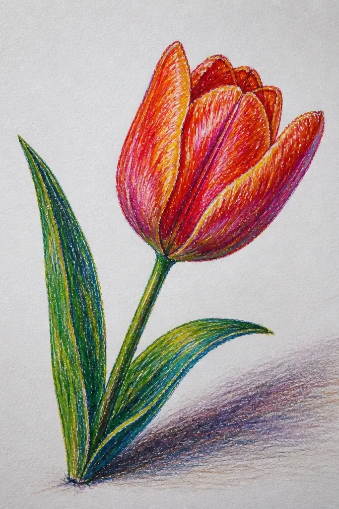 A tulip tilted diagonally across the page. There's a shaded floor plane under it, drawn as a trapezoid with soft edges. The tulip petals are orange-red with cool green shadows beneath the petals.