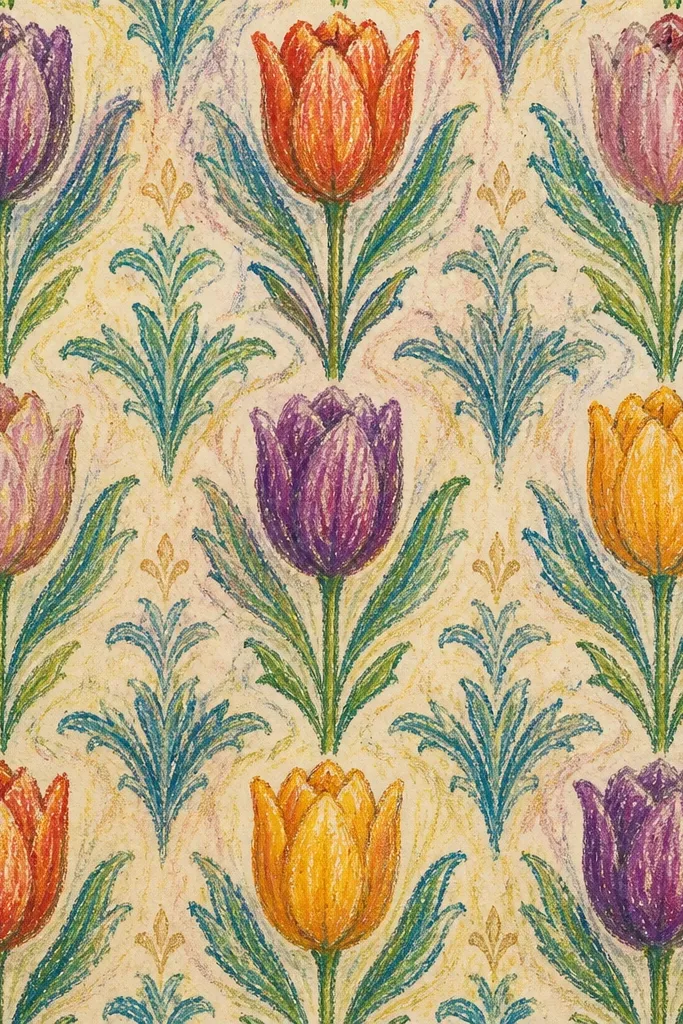 A tulip centered over a wallpaper-like background. The background has repeating tiny tulip silhouettes and small dots in a repeating grid pattern. The wallpaper colors are pale teal, cream, and muted coral; the main tulip is larger and more detailed.
