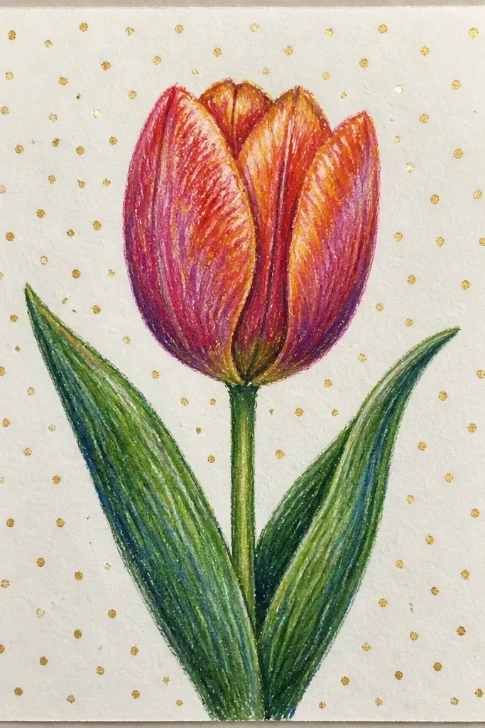 A tulip with soft pink petals and deep mauve folds. Behind it is a confetti field of small gold and cream dots scattered unevenly. The background stays mostly white, and the tulip has a bright highlight on each petal edge.