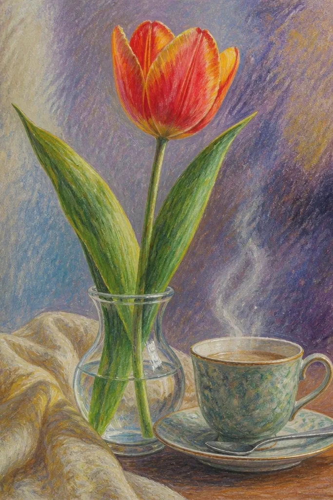 A teacup on the bottom right with a bouquet of tulips beside it. Thin steam lines rise from the cup, drawn in pale gray and white. The tulips are red and peach with darker folds, and the steam softens the background.