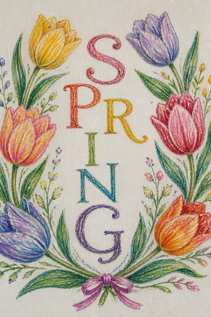 A banner across the page reading SPRING in hand-lettered capitals. Tulip drawings sit above and below the letters like decoration. Letters are in muted green and dark red, with tulips in pink and coral and small leaf accents.