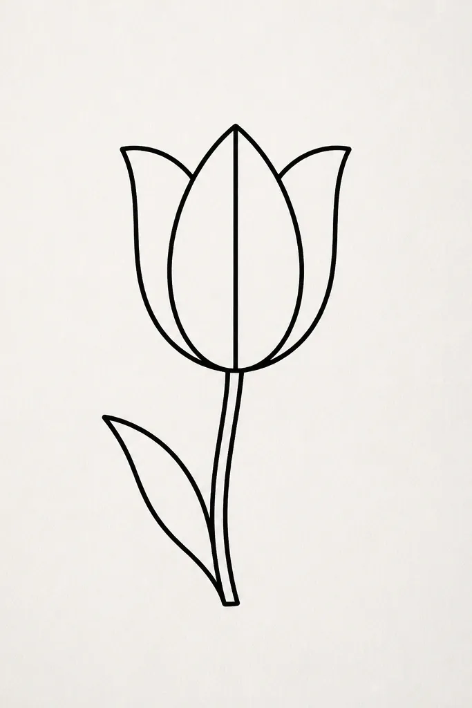 A single tulip outline in black ink: three cup-like petals with a straight vertical center seam, a short angled stem, and one small leaf pointing down-left. The lines are smooth and evenly weighted on the outer edges.