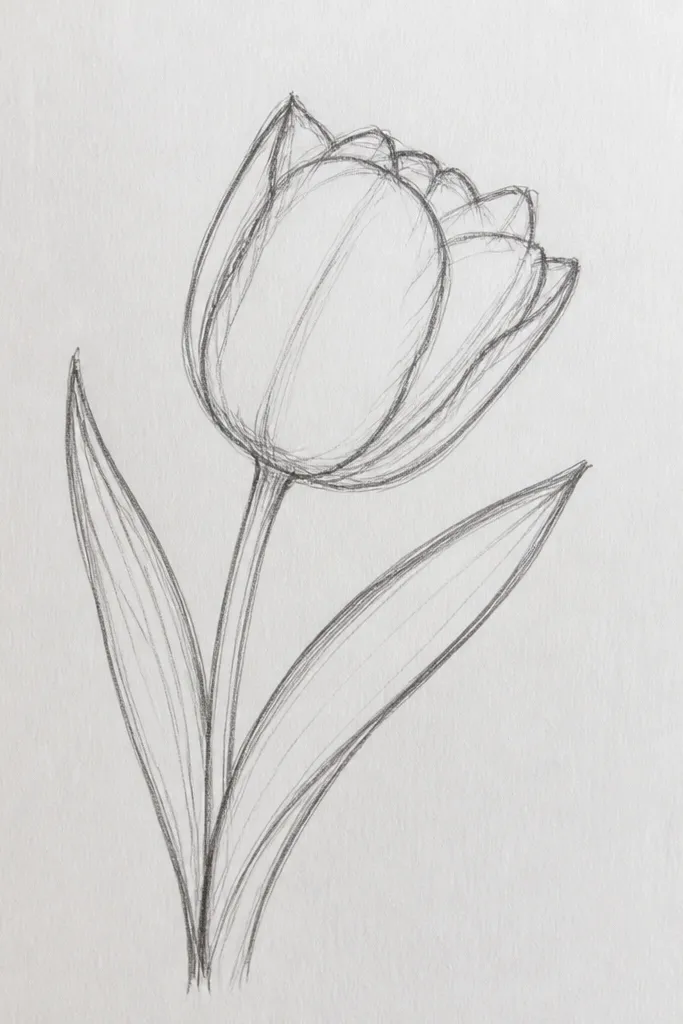A tulip outline angled to the right, showing only one full petal on the front and two thinner petals behind. The center seam is slightly curved, and the stem slopes gently upward from the bottom-left.