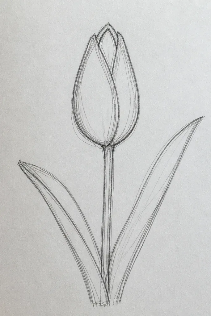 A closed tulip bud outline: petals are tightly wrapped with a small opening at the top, a thin stem, and two narrow leaves. The top looks like a rounded triangle with a tiny notch.