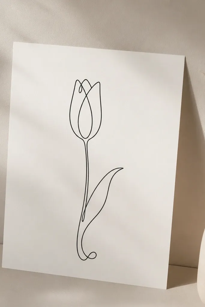 A single continuous-line tulip outline: stem and petals are drawn with one smooth stroke, with no thick outer edge. The petals form a long slender cup.