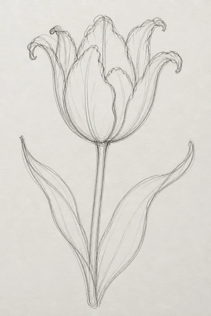 A tulip outline with three petals where each petal tip curls slightly outward. The center seam is straight, and the stem has a gentle S-curve. One leaf is drawn with a curled edge too.