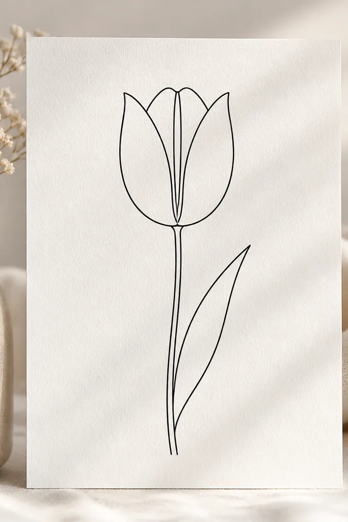A tulip outline where the center has two close parallel lines running from the top toward the base of the petals. Outer petals are smooth and symmetrical; stem and leaf are clean and thin.