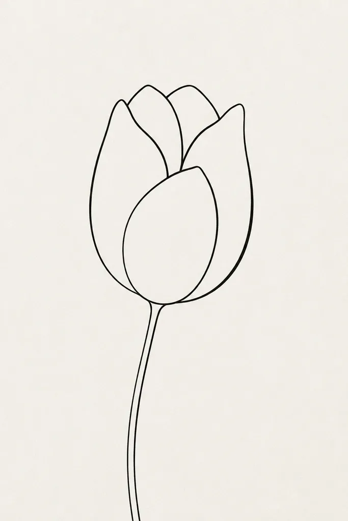 A tulip outline with visible overlap: one petal edge sits on top of another, drawn with different line thickness. The center opening is small; stem is thin and slightly curved.