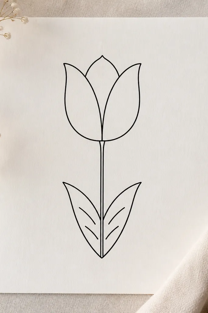 A centered tulip outline with a single leaf drawn as a fan shape: one midrib line with two short curved veins on each side. The tulip petals are smooth and symmetrical.