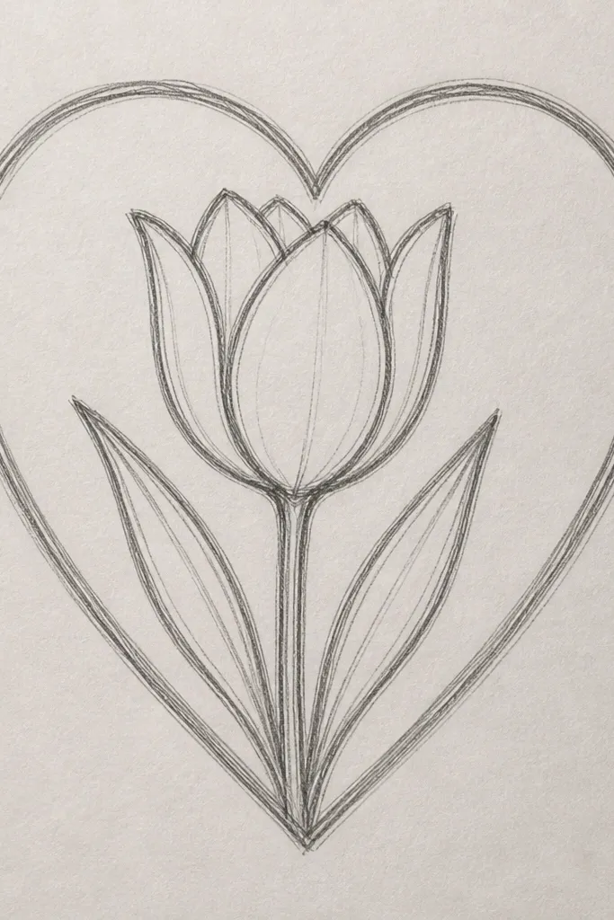 A heart outline drawn in thin line, with a tulip cup inside the heart. The tulip center seam aligns with the heart's vertical center; stem touches the heart bottom point.