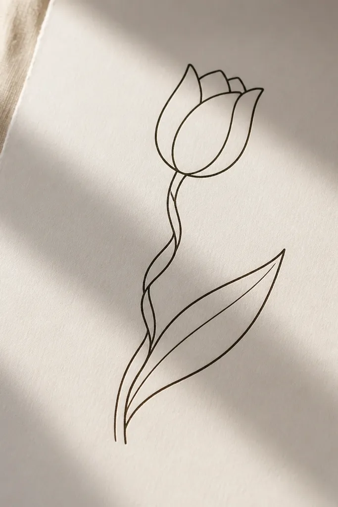 A tulip outline where the stem looks twisted like a ribbon, drawn as two parallel curved lines that spiral slightly. The leaf is a simple almond with a midrib.