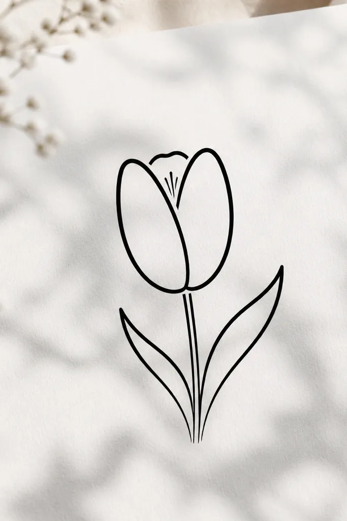 A tulip outline with a small opening at the top and three or four short stamen lines inside the cup. The outer petals are thick and clean; the stamen lines are thin and slightly curved.
