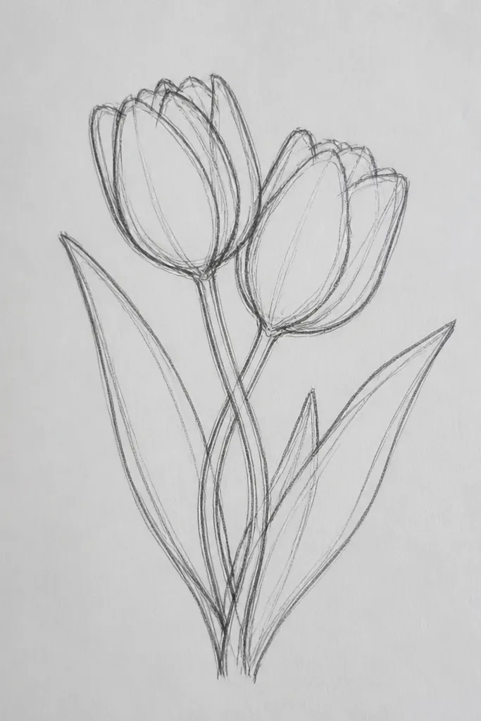 Two tulip outlines overlapping at the center: one flower leans left, the other leans right. Their stems cross behind the petals, and leaves are drawn on opposite sides.