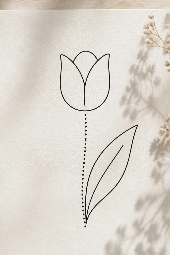 A tulip outline with a clean cup shape. The stem is drawn as a dotted line made of small circles, and the leaf is solid outline with a midrib.