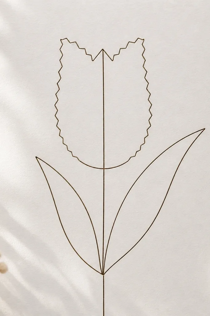 A tulip outline where each petal outer edge is drawn with a gentle zigzag pattern instead of a smooth curve. The center seam is straight and smooth; stem is thin and straight.
