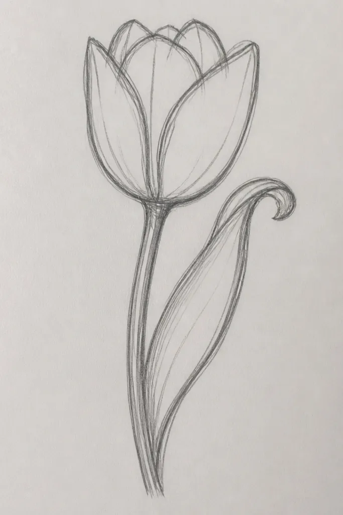 A tulip outline with a classic cup top. The leaf is on the side and curls upward like a question mark, with a clear midrib line.