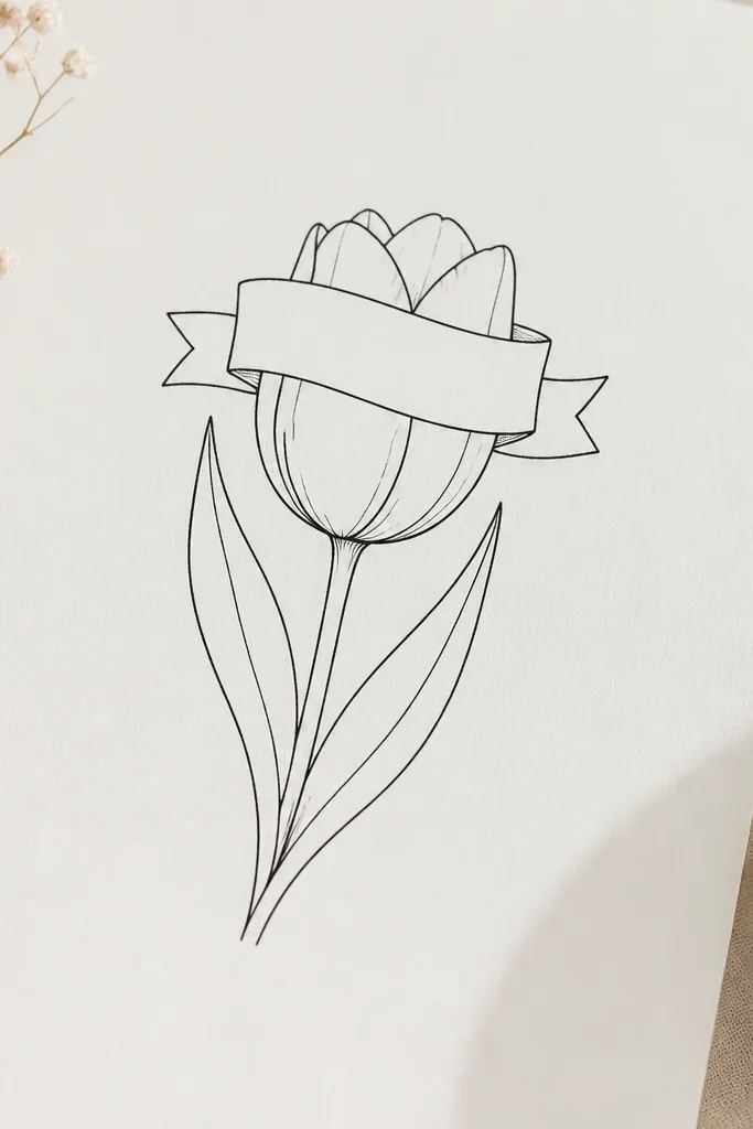 A tulip outline with a small ribbon banner drawn across the top opening. The banner has two tails, and the tulip petals remain visible behind it.