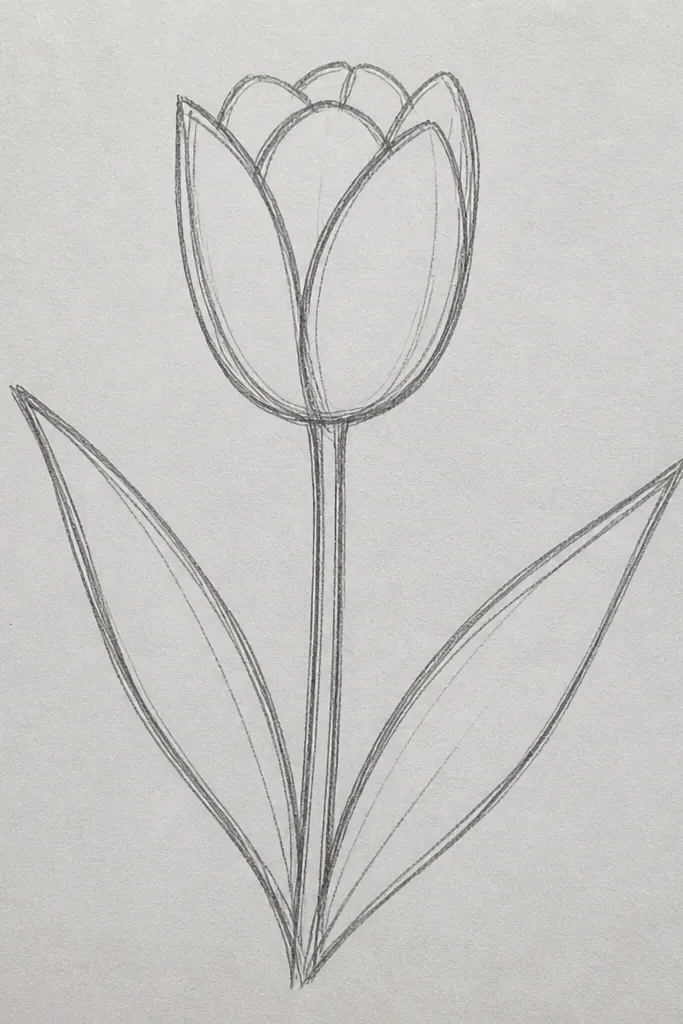 A single tulip outline with two leaves: one leaf angles down-left and the other angles down-right. The stem is centered, and the tulip cup is tall and clean.
