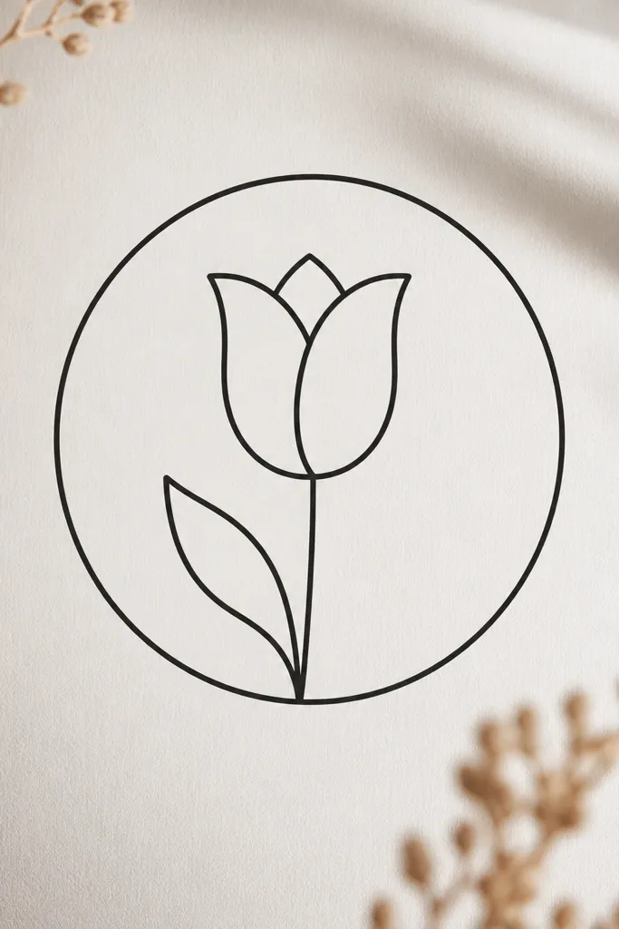 A black circle border with a tulip outline centered inside. The stem points down, and one leaf sits near the lower-left inside the circle. The circle border is thin and even.