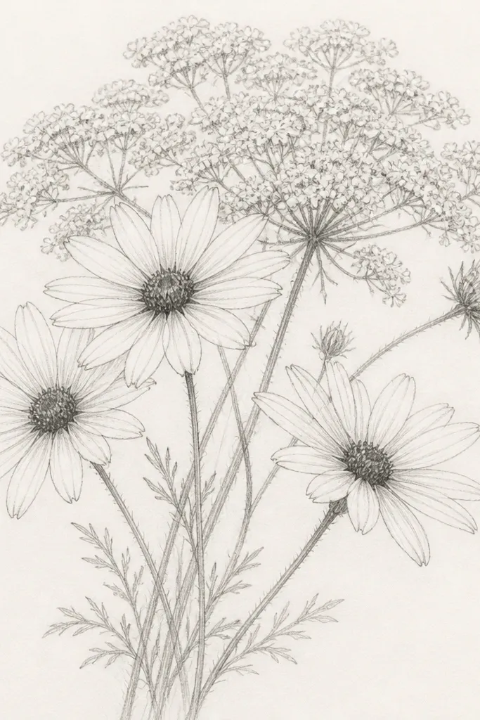 A pencil sketch of a small wild bouquet with three daisies in front, their white petals suggested by light lines. Behind them, a lacey umbrella shape of Queen Anne's lace spreads like a cloud. Thin stems arc upward, with tiny leaf marks at the base. The centers are shaded dark with a soft gray bloom.
