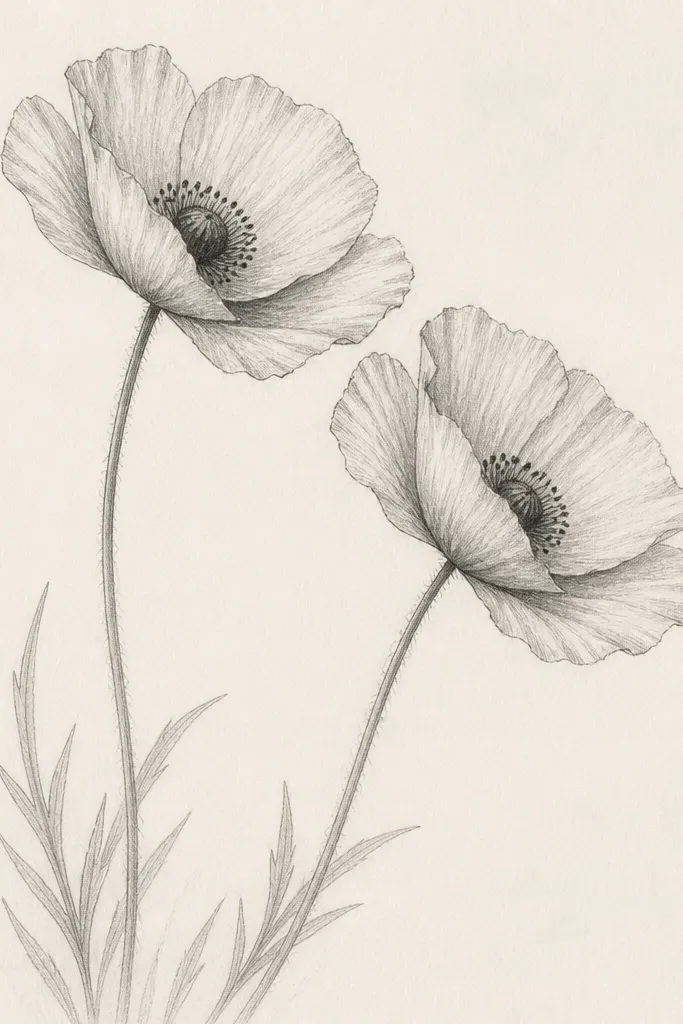 A pencil sketch of two tall wild poppies leaning slightly to the right. Each flower has cup-shaped petals drawn with uneven, slightly jagged edges. The center is a dark oval with tiny dot marks for stamens. Long stems rise from the bottom, with a few narrow leaves sketched in light lines.