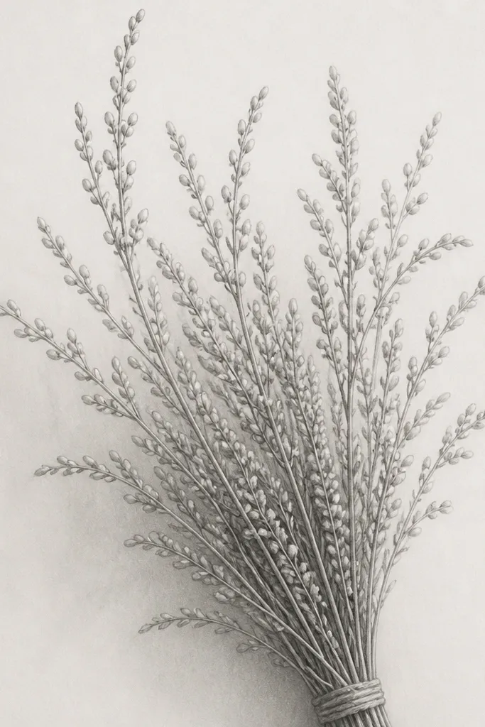 A pencil drawing of a bouquet made mostly of slender sprigs. Tiny bud clusters line the stems like rows of small beads. The sprigs overlap and taper upward, with minimal leaf detail. The shading is light and smoky, with slightly darker bands at bud bases.