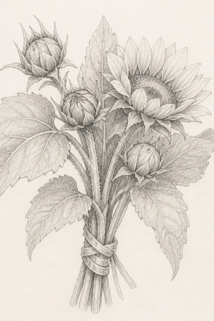 A pencil sketch of a hand-tied bundle with a few sunflower buds and one partially opened flower. The petals are drawn in broad semicircles, and the bud heads are rounded. A simple ribbon-like wrap is suggested around the stems near the bottom. Leaves are large and slightly lobed, with light vein lines.