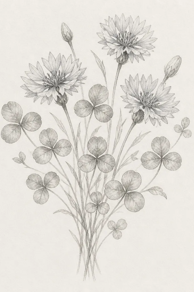 A pencil sketch forming a soft triangle bouquet: a few cornflower blooms in the top half and wild clover leaves scattered throughout. The cornflowers have spiky blue-like petals drawn as rounded points. The clover leaves are three-lobed with light shading under overlaps. The stems are thin and slightly curved.
