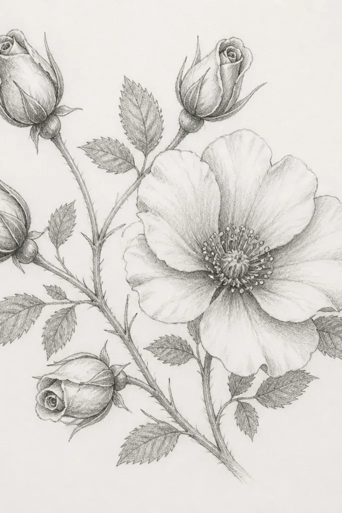 A pencil sketch of five rosebuds and one open wild rose. The rosebuds are tight spirals with layered petal lines. The open bloom shows a rosette of petals with darker shading near the center. Leaves are small and slightly serrated, drawn with short zig-zag edges.