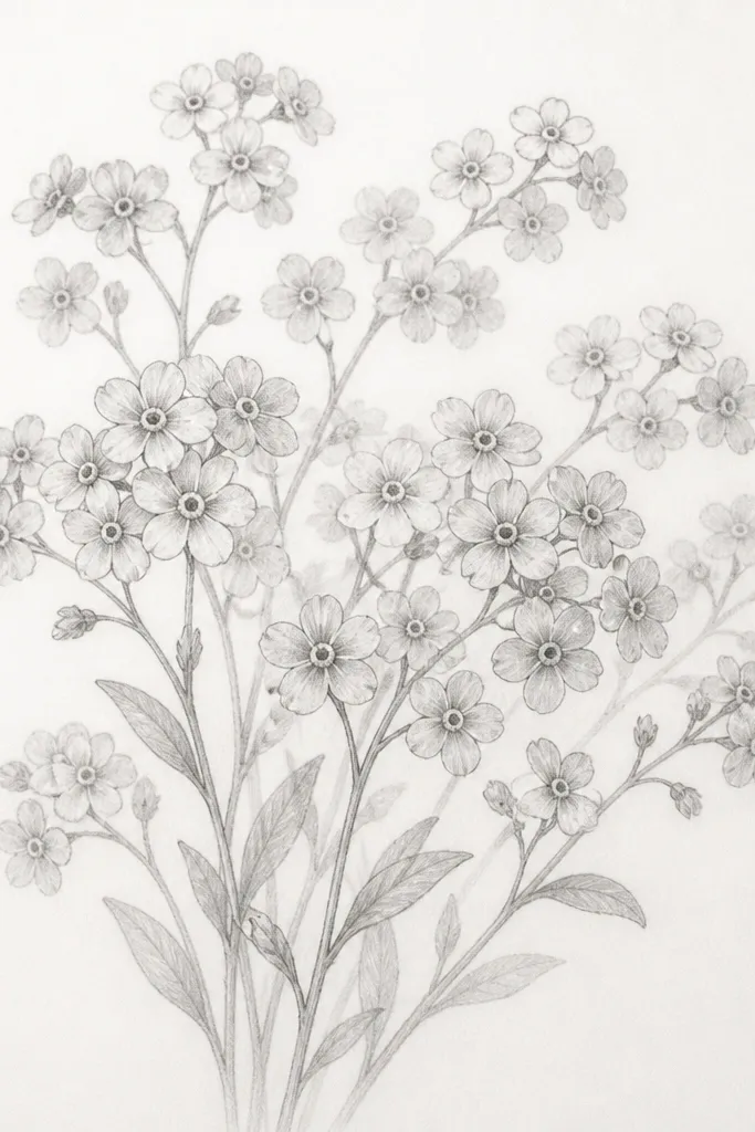 A pencil sketch of a spray of small forget-me-not flowers. Each bloom is a tiny five-petal shape with a dark dot center and a slightly darker band near the petal base. The stems are thin, with small leaf clusters spaced along them. The bouquet forms a light, cloud-like cluster.