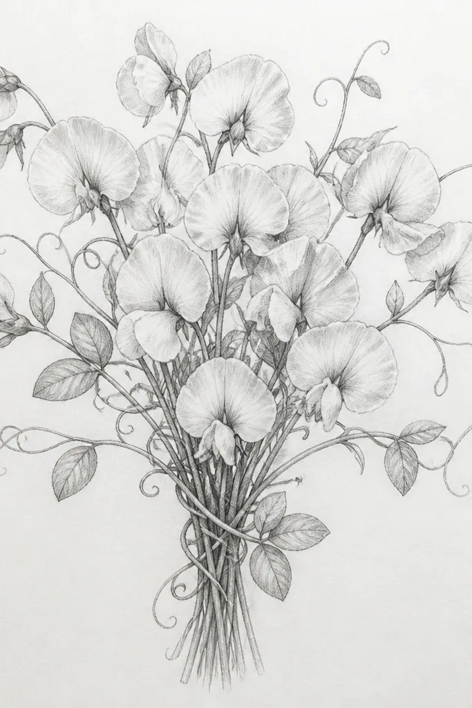A pencil sketch of a bouquet wrapped in a few sweet pea vines. The flowers are drawn with a central keel and two side wings, like small butterfly shapes. Vines curl around the stems, and leaves are drawn as paired ovals with tendril lines. Shading is light with darker marks at the inner keel.