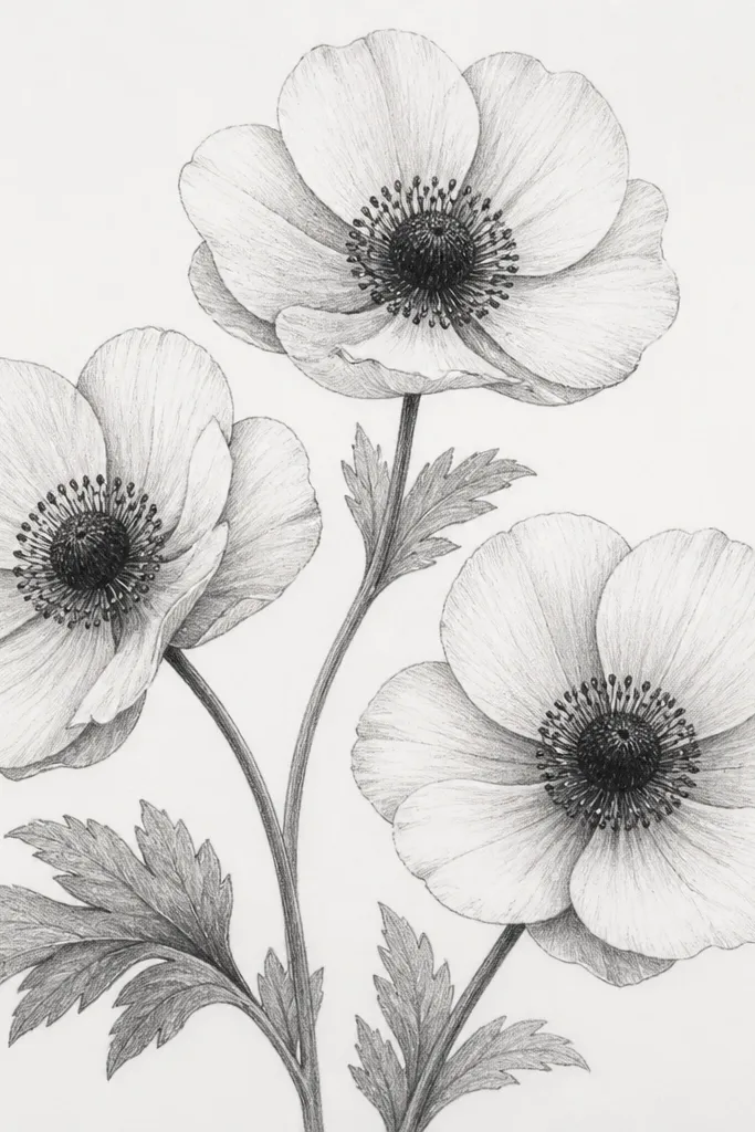 A pencil sketch of three anemone-like flowers with dark, textured centers. Each center is filled with dense shading, and thin stamens radiate outward like tiny lines. Petals are drawn as soft, rounded shapes around the center. The stems are slender and slightly curved with a few broad leaves.