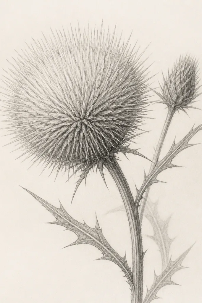 A pencil sketch of a thistle-like bloom head with a round puff shape. The puff is filled with tightly clustered spiky lines that radiate outward. Stems are thin and slightly bent, with a few narrow leaves that look jagged. One smaller thistle bud sits behind the main bloom.