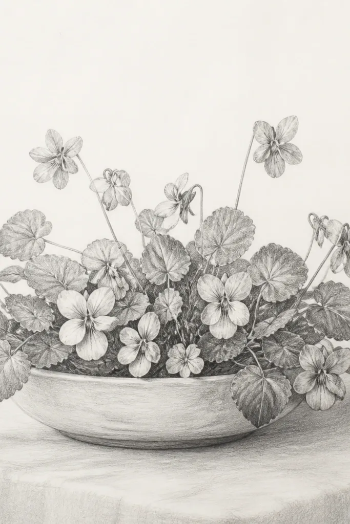 A pencil sketch that looks like a low bowl of violets. Several small violet flowers sit near the bottom, with five-petal shapes and two small lower petals drawn slightly larger. Leaves are rounded and heart-like with light veins. A few stems trail upward, but most blooms stay low.