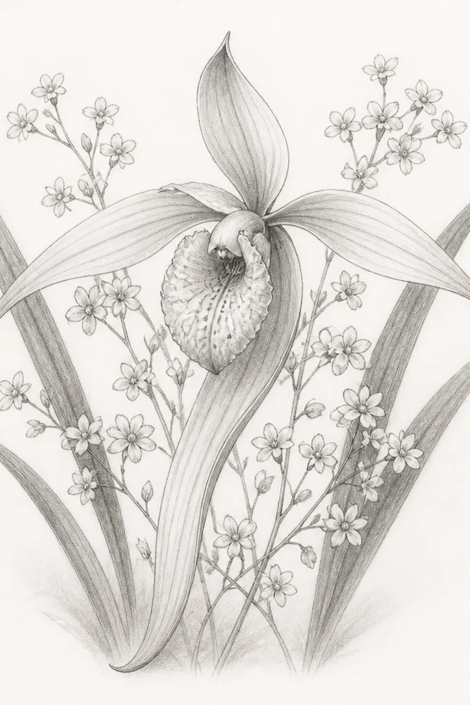 A pencil sketch of a single orchid-like wild bloom surrounded by small filler flowers. The main flower has one long, curved petal that dips downward, with two side petals and a central lip shape. The small filler flowers are tiny five-petal stars. Leaves are narrow and strap-like, drawn on either side.