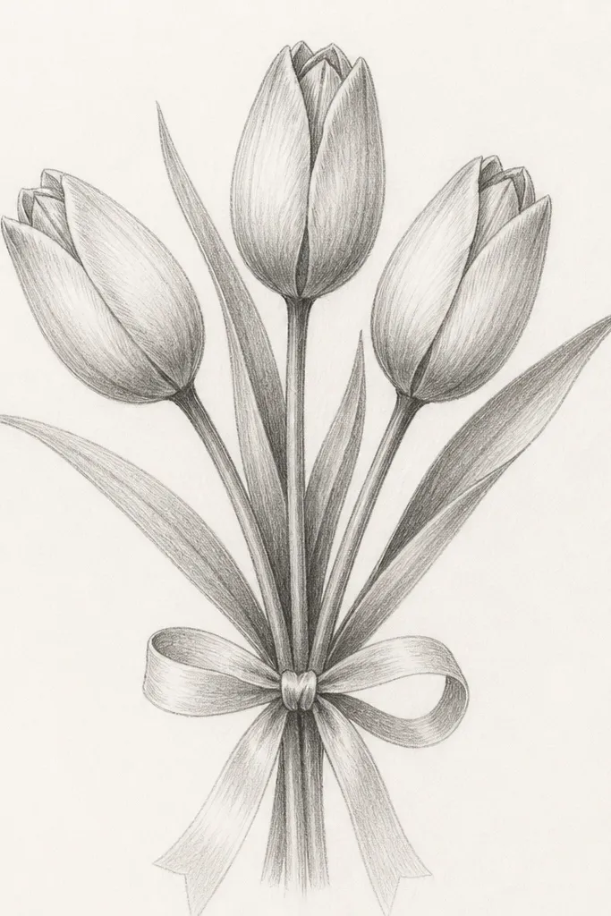 A pencil sketch of three tulip-like buds tied with a ribbon. The buds are elongated ovals with layered petal lines that open slightly at the top. The ribbon is drawn as a loop and two tails hanging down. Leaves are long and narrow with a slight curve. Shading is light with darker bands near the petal folds.