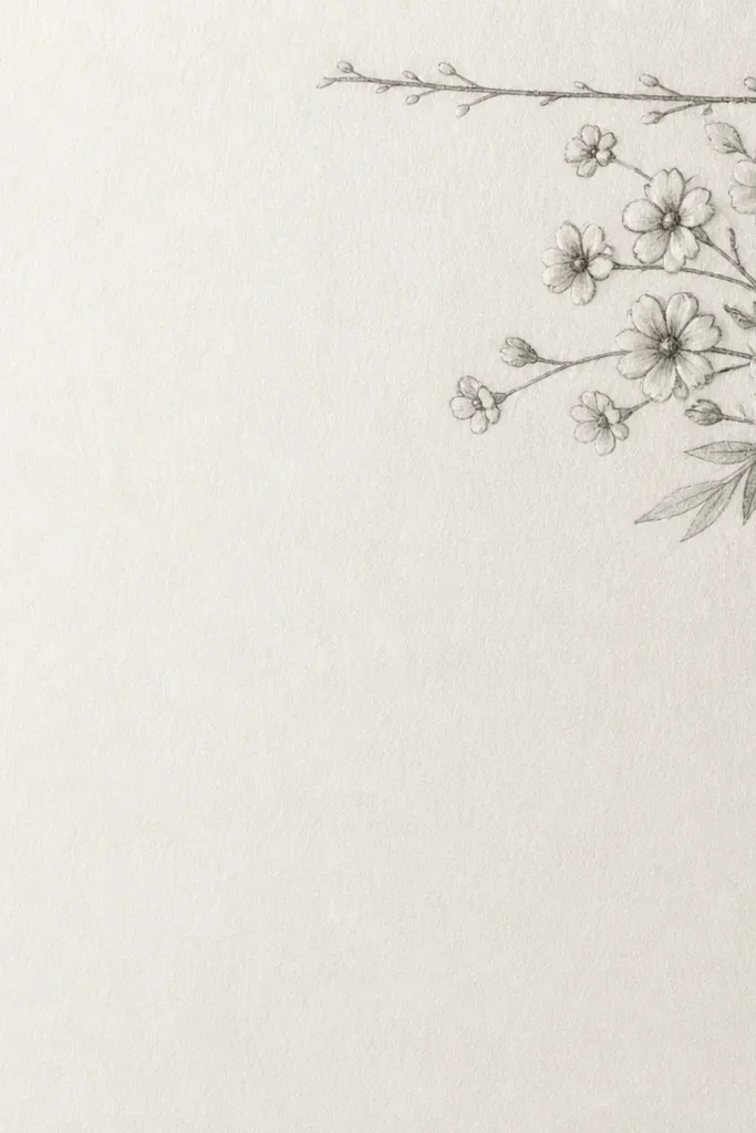 A pencil sketch placed in the top-right corner of a page. It shows a small cluster of tiny wild blooms and a few leaves, with stems curling into the corner. The bouquet is bordered loosely by thin branch lines, creating a corner frame effect. Petals are small and lightly shaded, with darker center dots on a few flowers.
